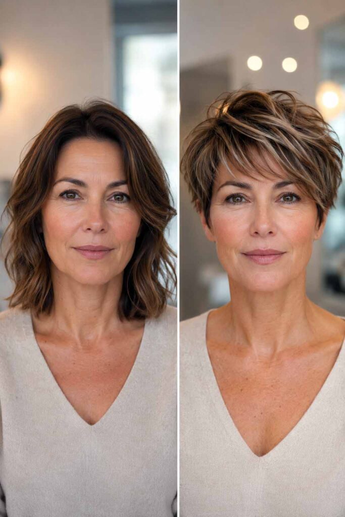 Une femme avec une coupe courte ultra stylée (avant/après) Bixie
