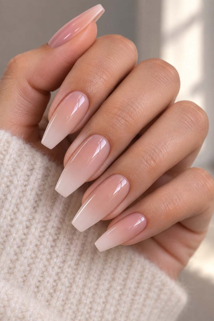 Ongles de femme avec une manucure tendance ballerine adoucie