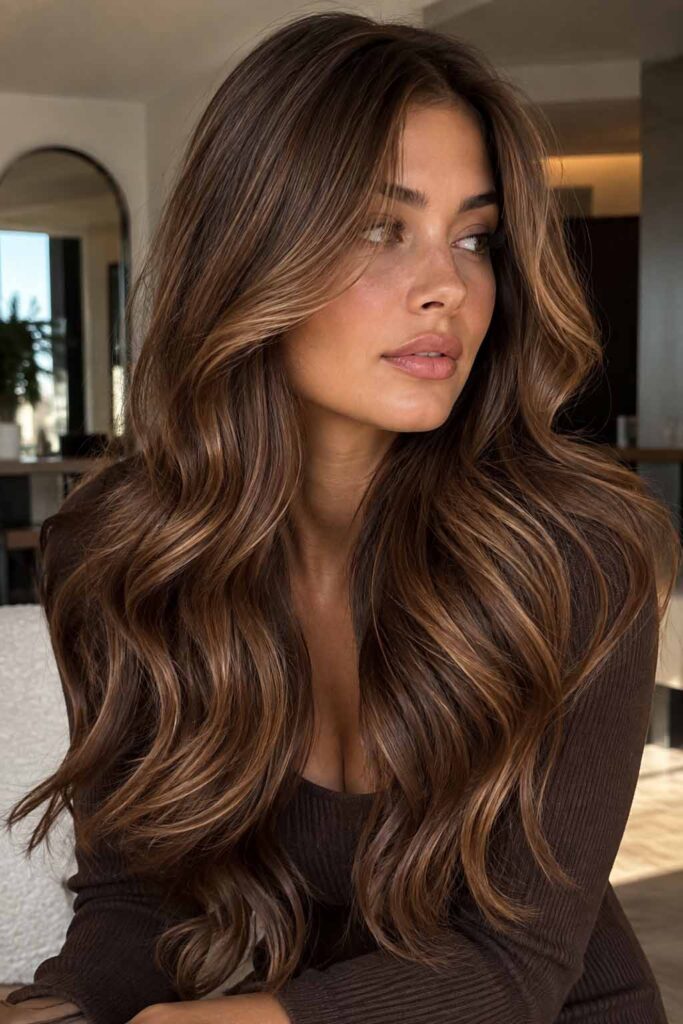 Une femme avec une coiffure d'hiver Pecan brown fondu