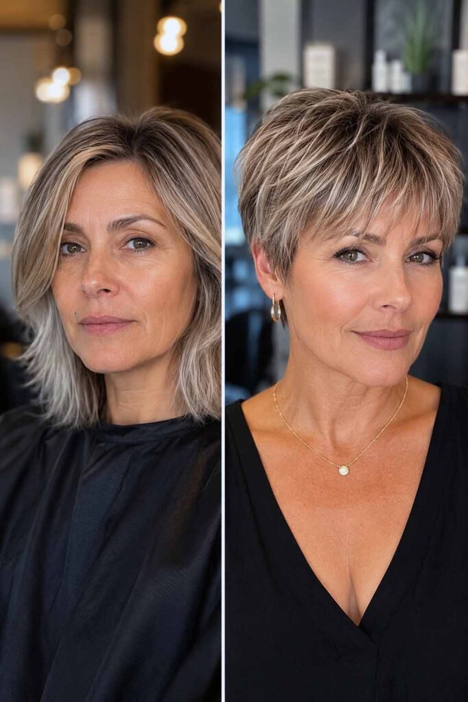 Une femme avec une coupe courte ultra stylée (avant/après) Pixie à frange effilée