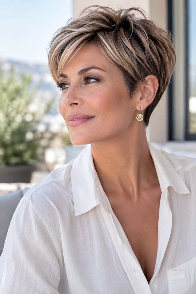 Une femme avec une coiffure tendance printemps-été pixie sculpté avec contours précis