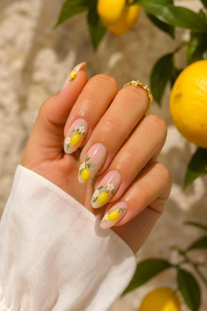 Une main de femme avec une manucure pour juillet Lemon Nails méditerranéens