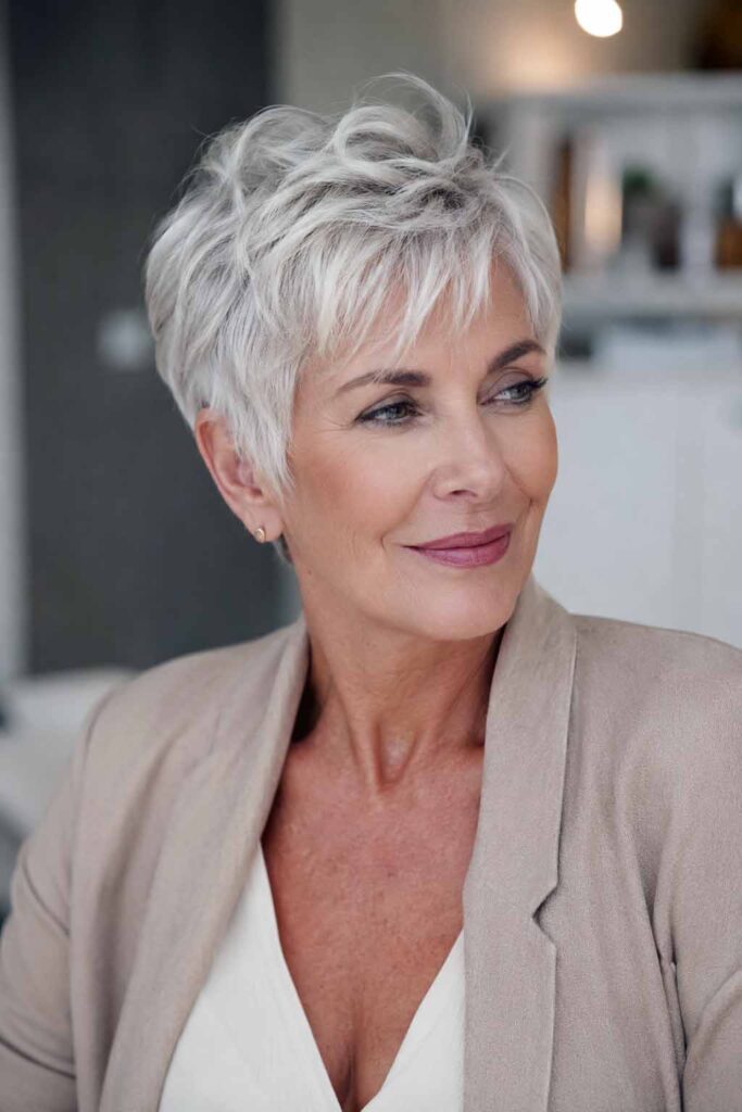 Une femme avec une coupe pixie moderne aux mèches déstructurées