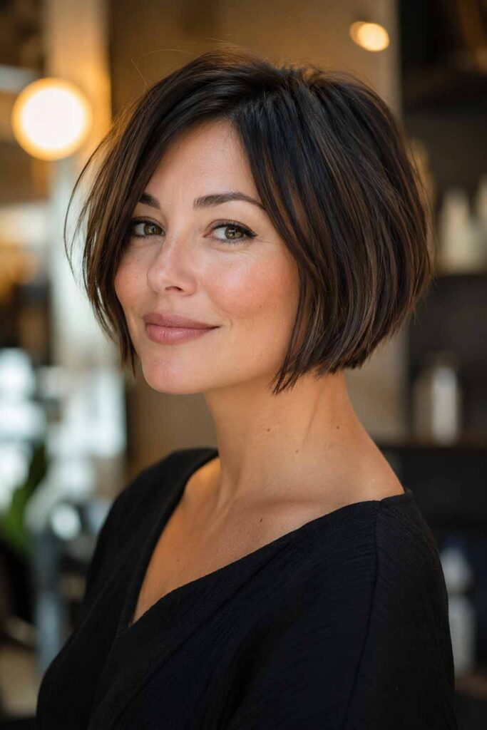 Une femme avec une coupe pour visage rond french bob graphique