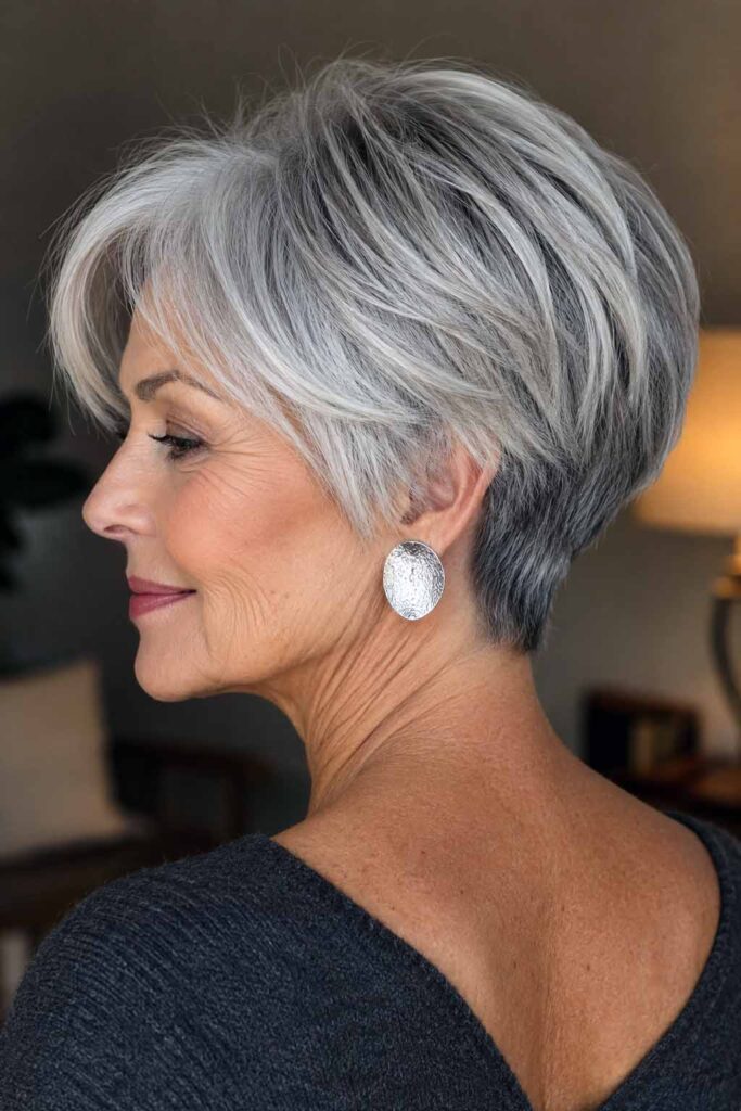 Une femme avec une coupe de cheveux après 60 ans La nuque effilée en pointe
