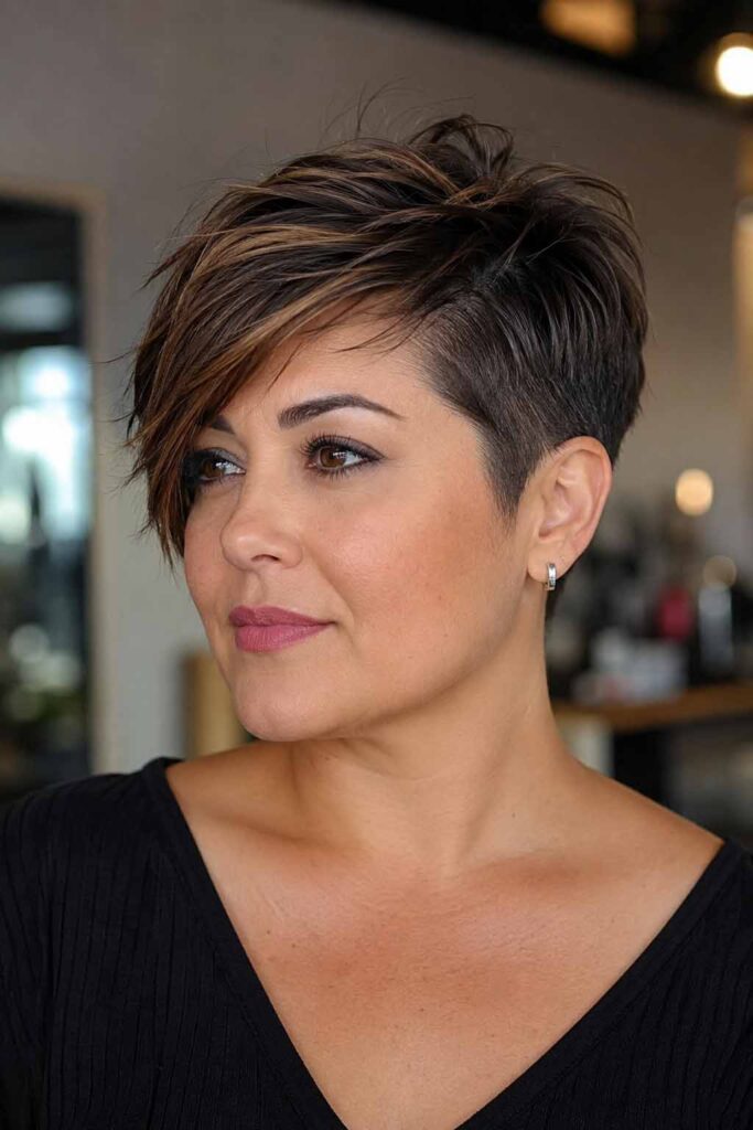 Une femme avec une coupe pour visage rond pixie dégradé asymétrique